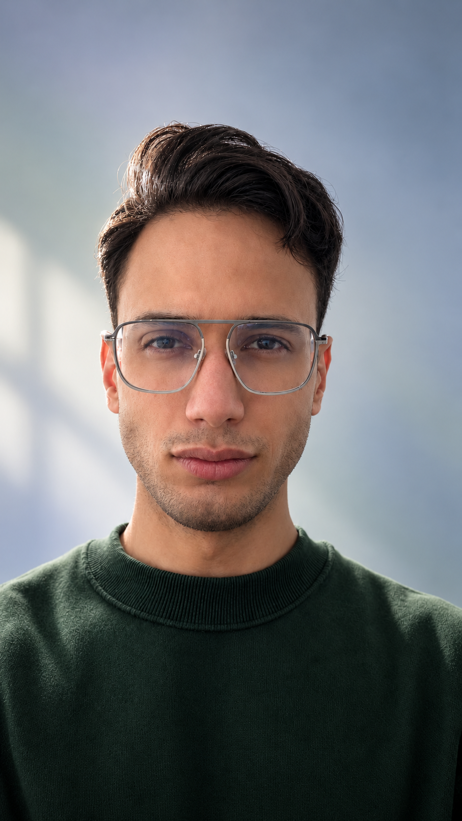 Hamid Ghanbari wearing glasses and a green sweater